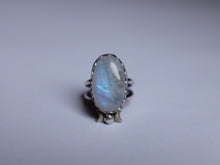 Load image into Gallery viewer, Size 10 Triple Moon Goddess Moonstone ring
