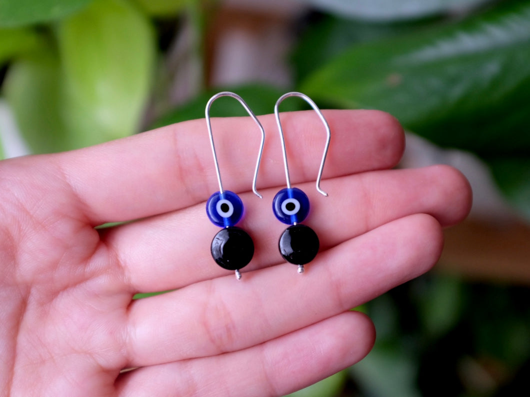 Black Tourmaline Evil Eye Earrings - Small