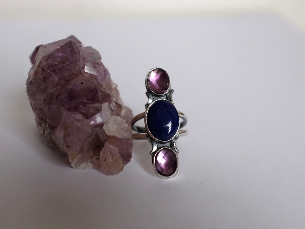 Size 10 Triple Stone Amethyst and Lapis Lazuli Ring